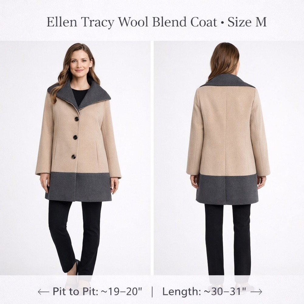 Ellen Tracy Wool Blend Coat Womens M 10 Oatmeal Grey‎ Colorblock Long Winter